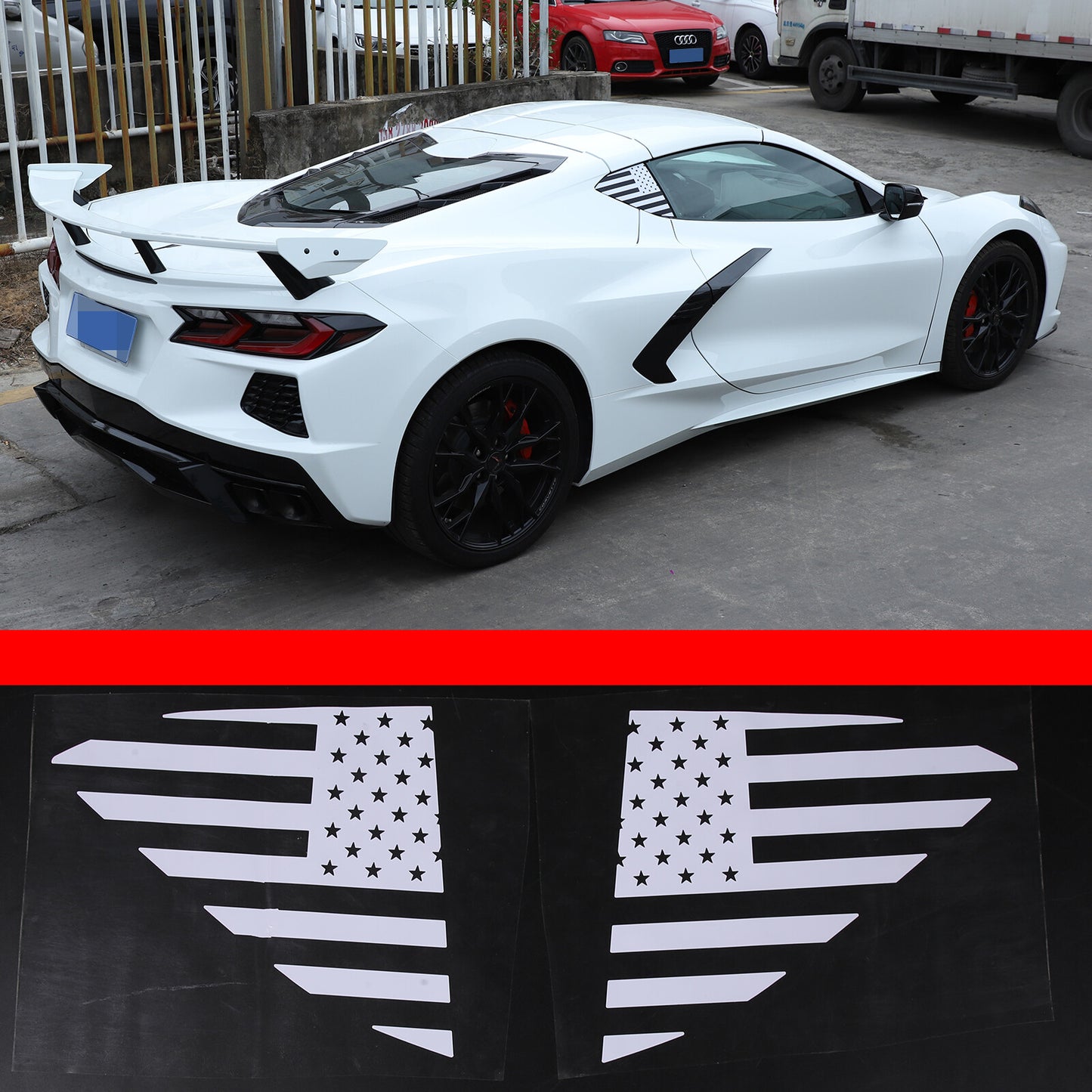 Rear Quarter Window American Flag Decal Sticker, White, for Corvette C8 2020-2023 n