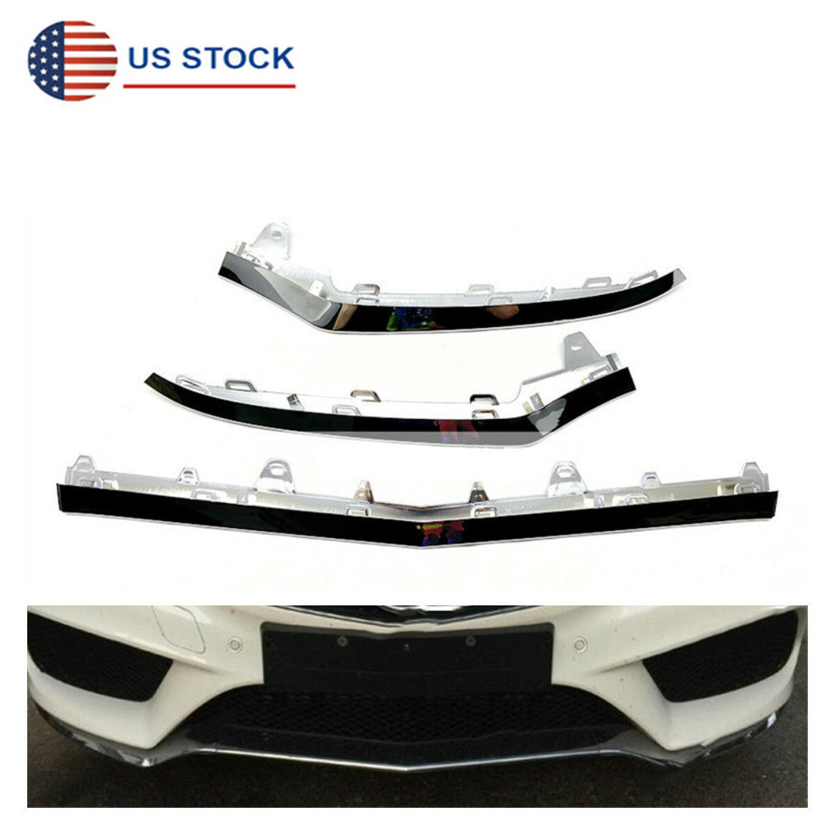 3Pcs Front Bumper Lower Chrome Trim Moldings for Mercedes E250 E350 E400 E550 US