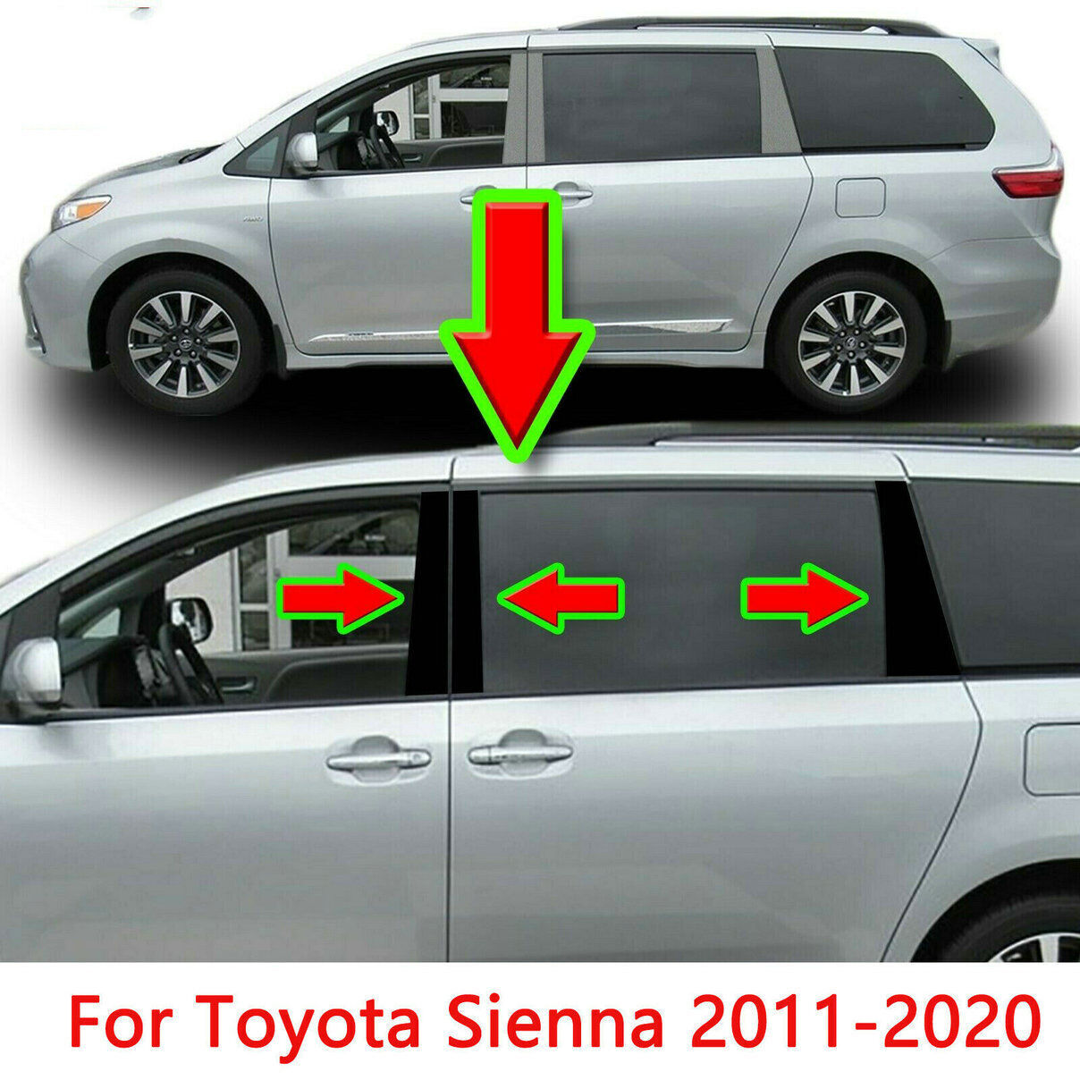 Black Pillar Posts for Toyota for Sienna 2011-2020 6pc Set Door Trim Piano Cover Kit