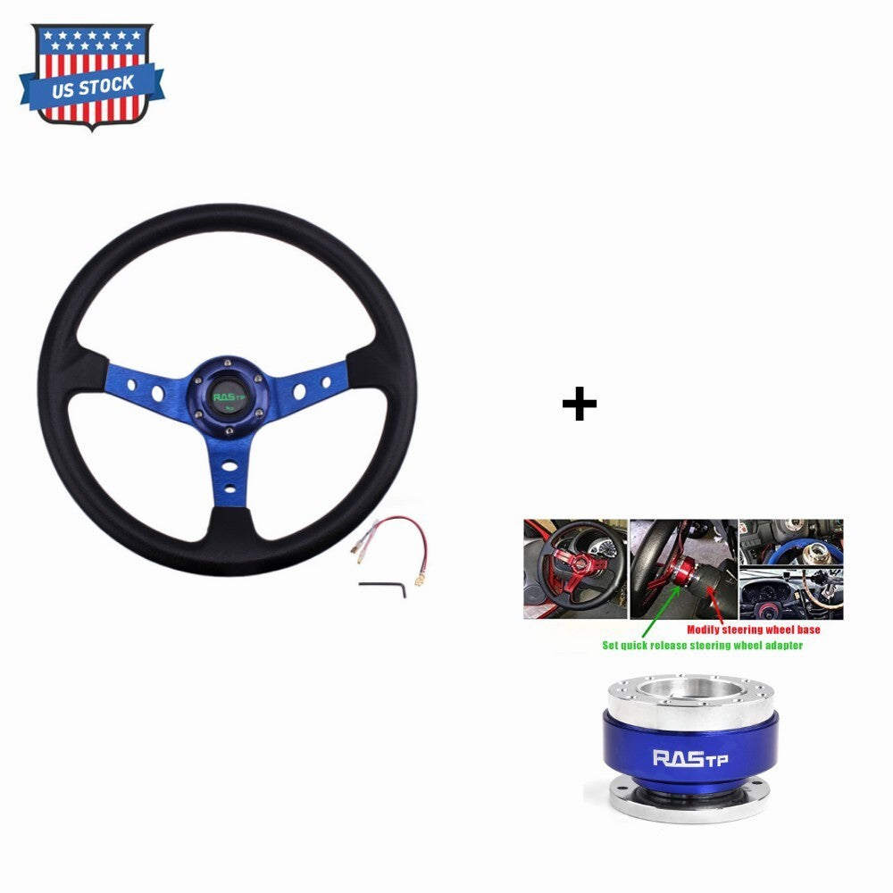 Blue 345mm Deep Dished Racing Steering Wheel+Ball Quick Release Adapter Kit