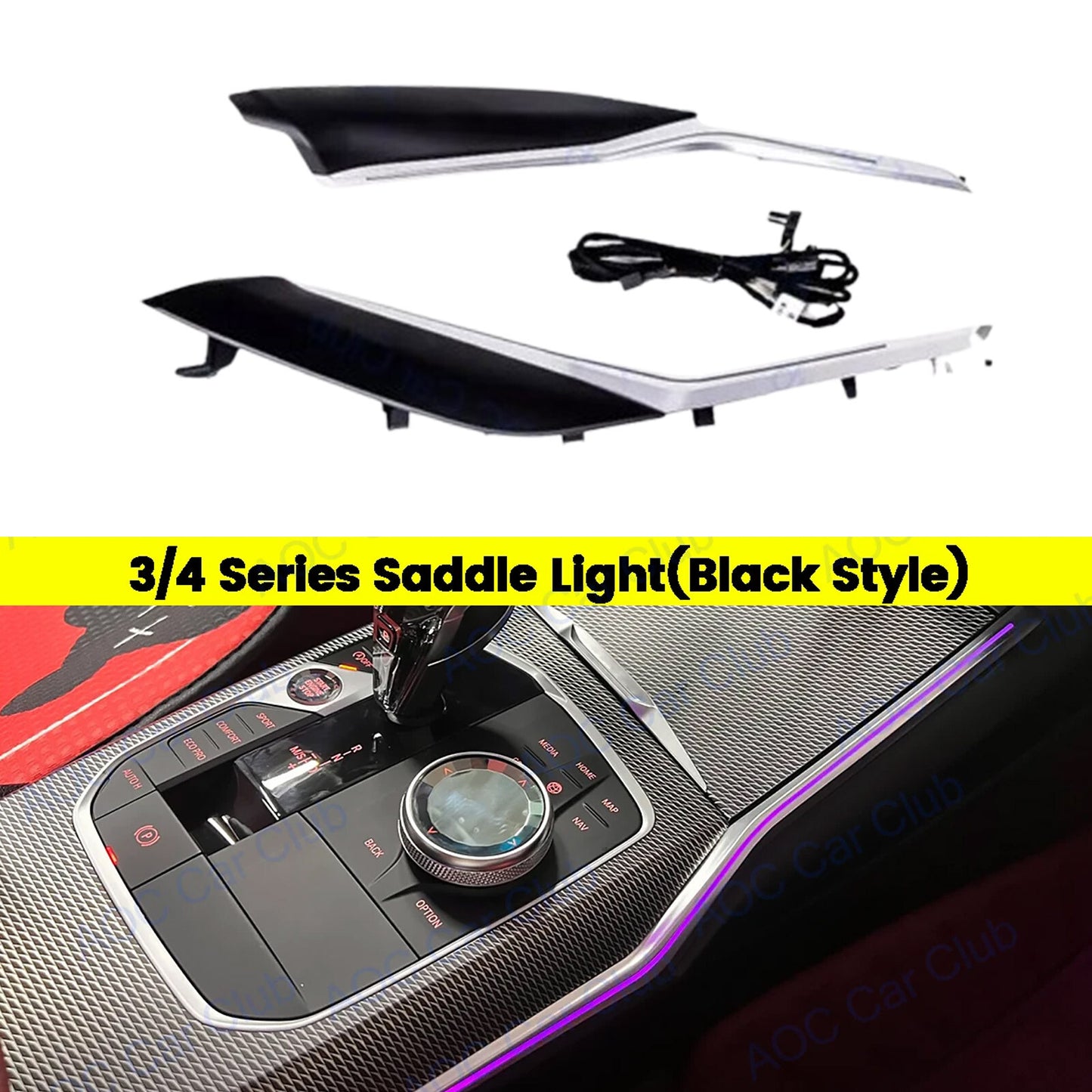 2-piece center console kit for BMW 330i/M340i/M3 G20/G28 with LED decorative ambient lighting.