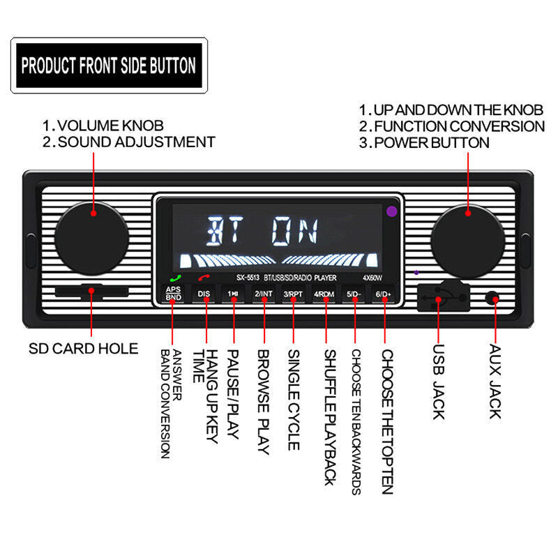 4-channel 1-DIN digital Bluetooth audio USB/SD/WMA/MP3/WAV radio stereo player n
