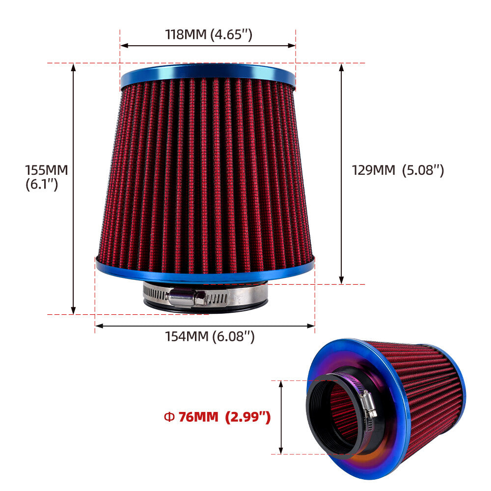 Red 3 76mm Universal High Flow Inlet Air Intake Cone Filter For Car/Truck/SUV
