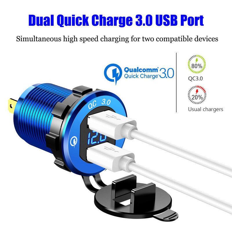 12V-24V Dual QC3.0 USB Fast Charger Socket Power Outlet Car Motorcycle Boat v
