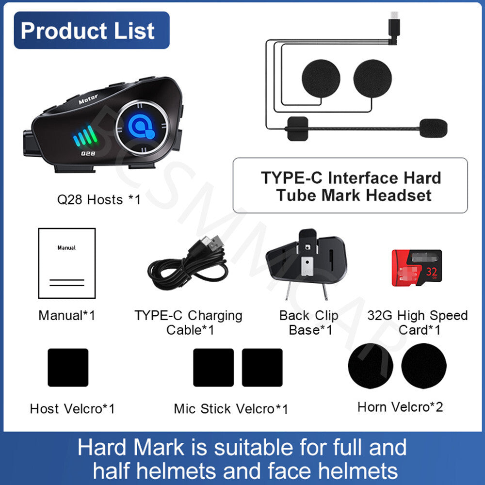 Motorcycle Helmet Bluetooth Headset 1080P Dashcam DVR Music Headphone Waterproof Q
