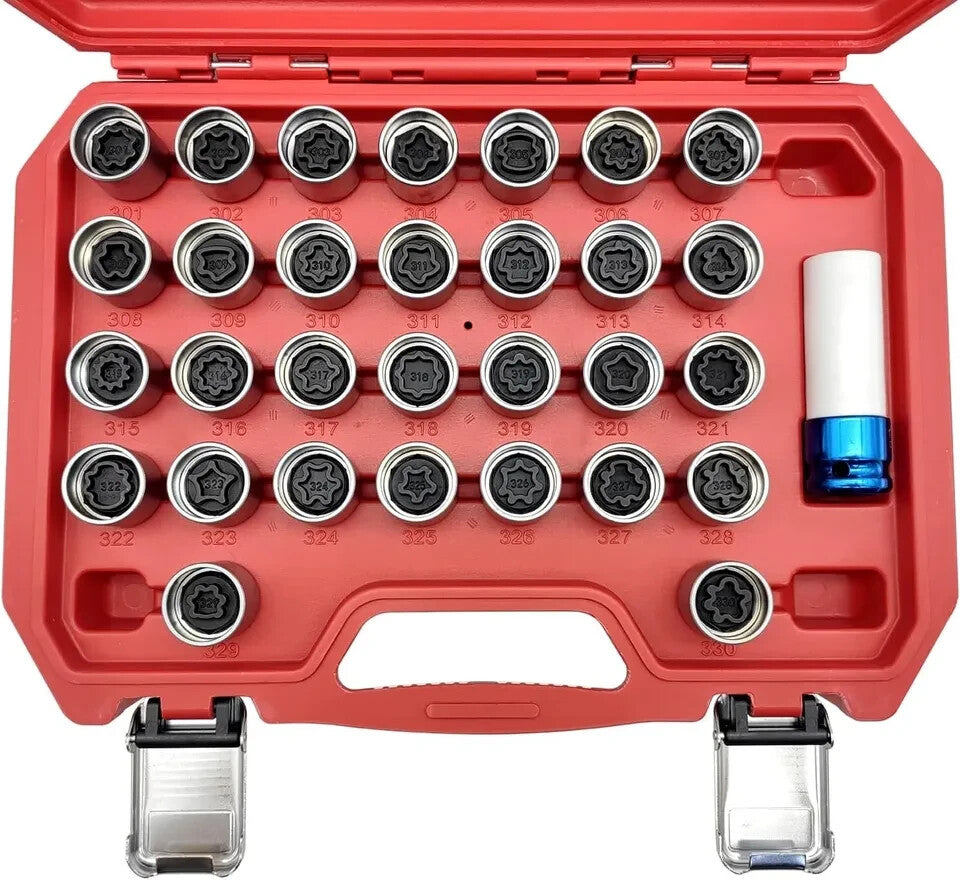 30PC Wheel Lock Lug Nut Anti-theft Screw Nut Removal Key Socket for Benz Silver