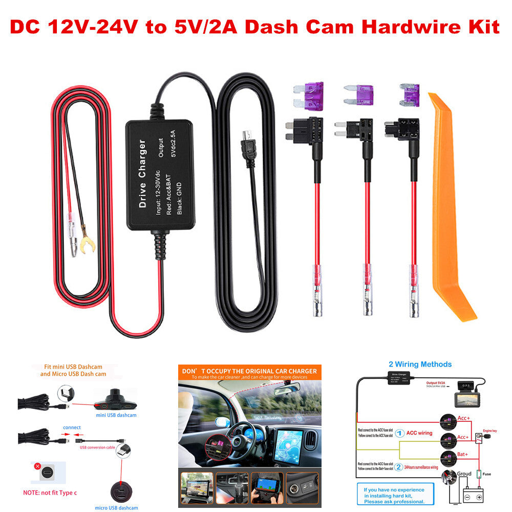 Dash Cam Hardwire Kit DC 12V 24V to 5V/2A Video Recorder Cable with Fuse Tap - n