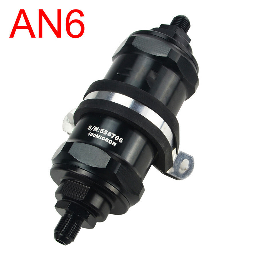 AN6 inline fuel filter for E85 ethanol with 100-micron stainless steel elements n