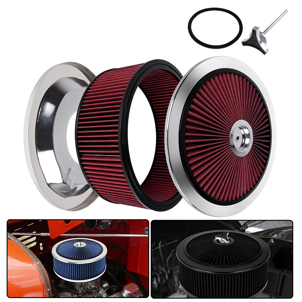 Universal 14 x 5RED Round Deep Dish Air Cleaner Kit+Washable Filter+Chrome Lid Q