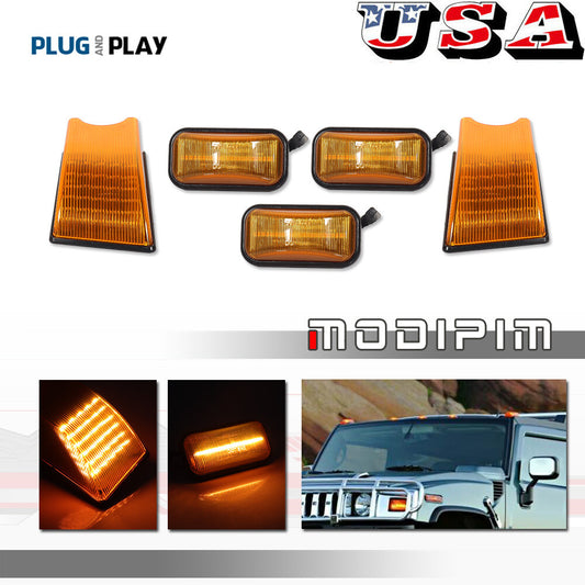 Yellow lens, amber LED roof cab marker light for 2003-2009 for HUMMER H2 SUV SUT 5-piece set.