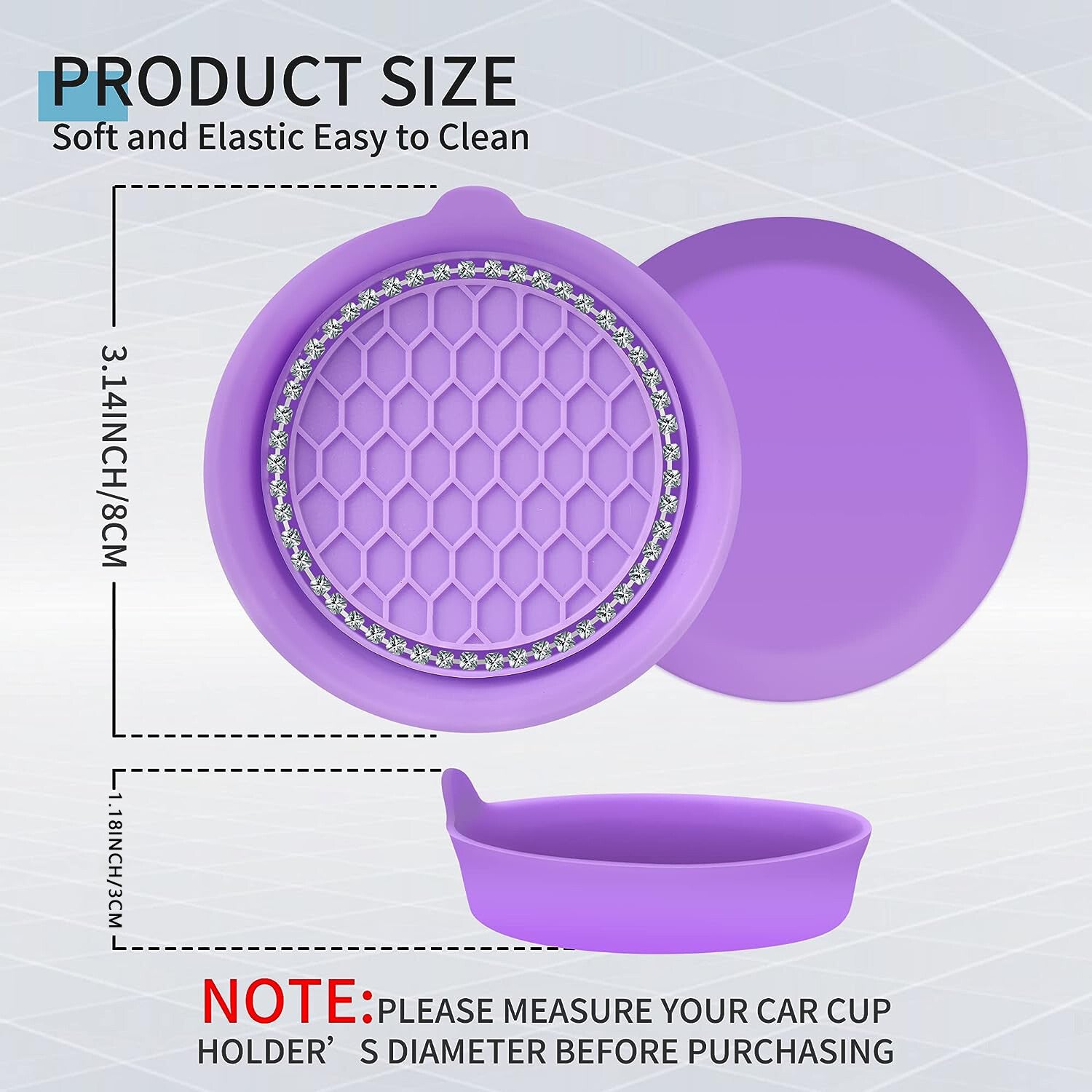 2x Bling Rhinestone Car Interior Cup Holder Insert Coaster Anti Slip Purple