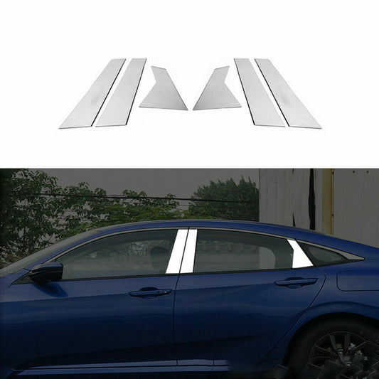 6PCS Chrome Steel Door Pillar Posts Trim Cover Kit for Honda for Civic Sedan 2019-21