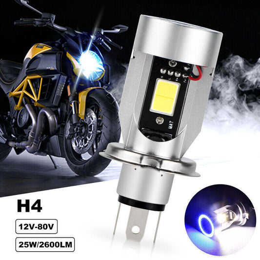 H4 9003 LED Motorcycle Headlight Bulb Kit 25W High Low Beam W/ Blue Angel Eye