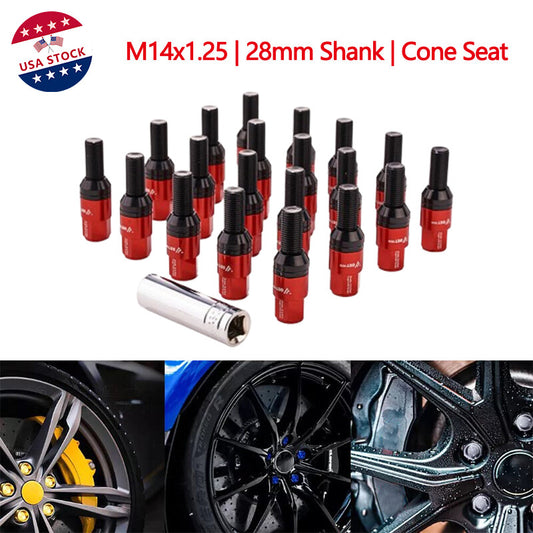20-piece set of red M14x1.25 wheel lug bolts, 28mm shank, tapered for seat forged lugs for BMW