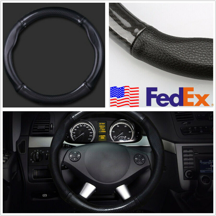 Carbon Fiber Color Deluxe Leather 38cm Steering Wheel Cover Non-slip Universal Q