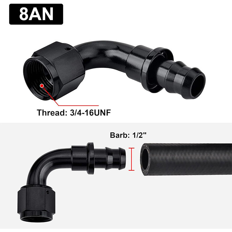 8AN AN8 90 Degree Push-On Hose End Fittings/Adapters Push Lock Barb Black
