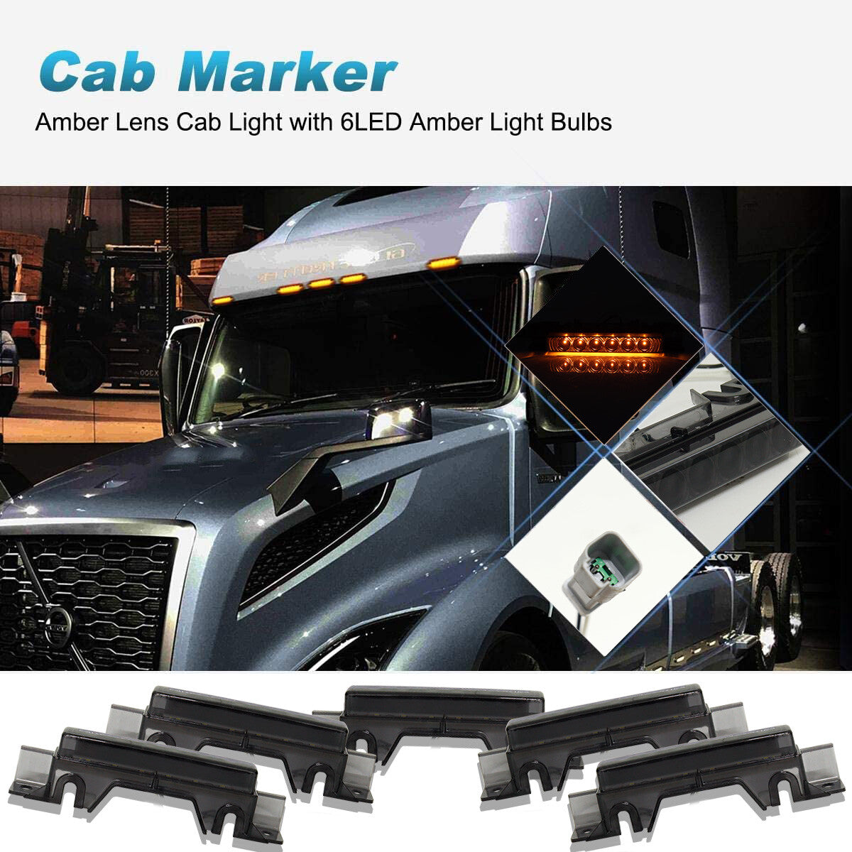 5 Pack Amber Smoked Lens LED Cab Roof Marker Running Lights for Trucks for Volvo VNL- v