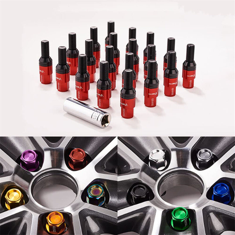 20-piece set of red M14x1.25 wheel lug bolts, 28mm shank, tapered for seat forged lugs for BMW