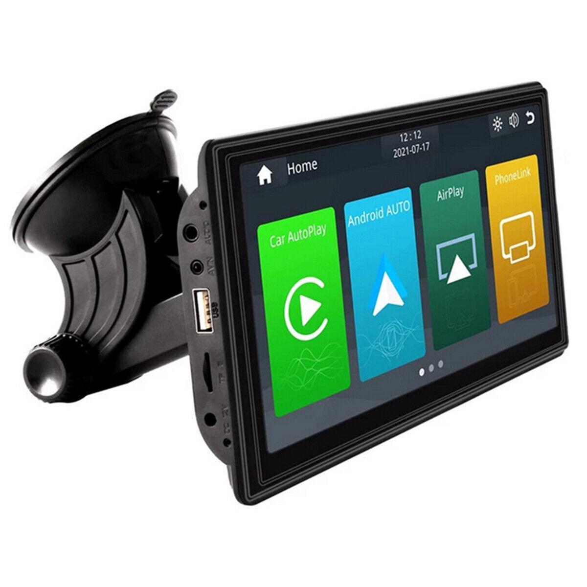 7-inch display car media player with wireless CarPlay, Android, MP5, GPS navigation, Bluetooth, and FM radio. n