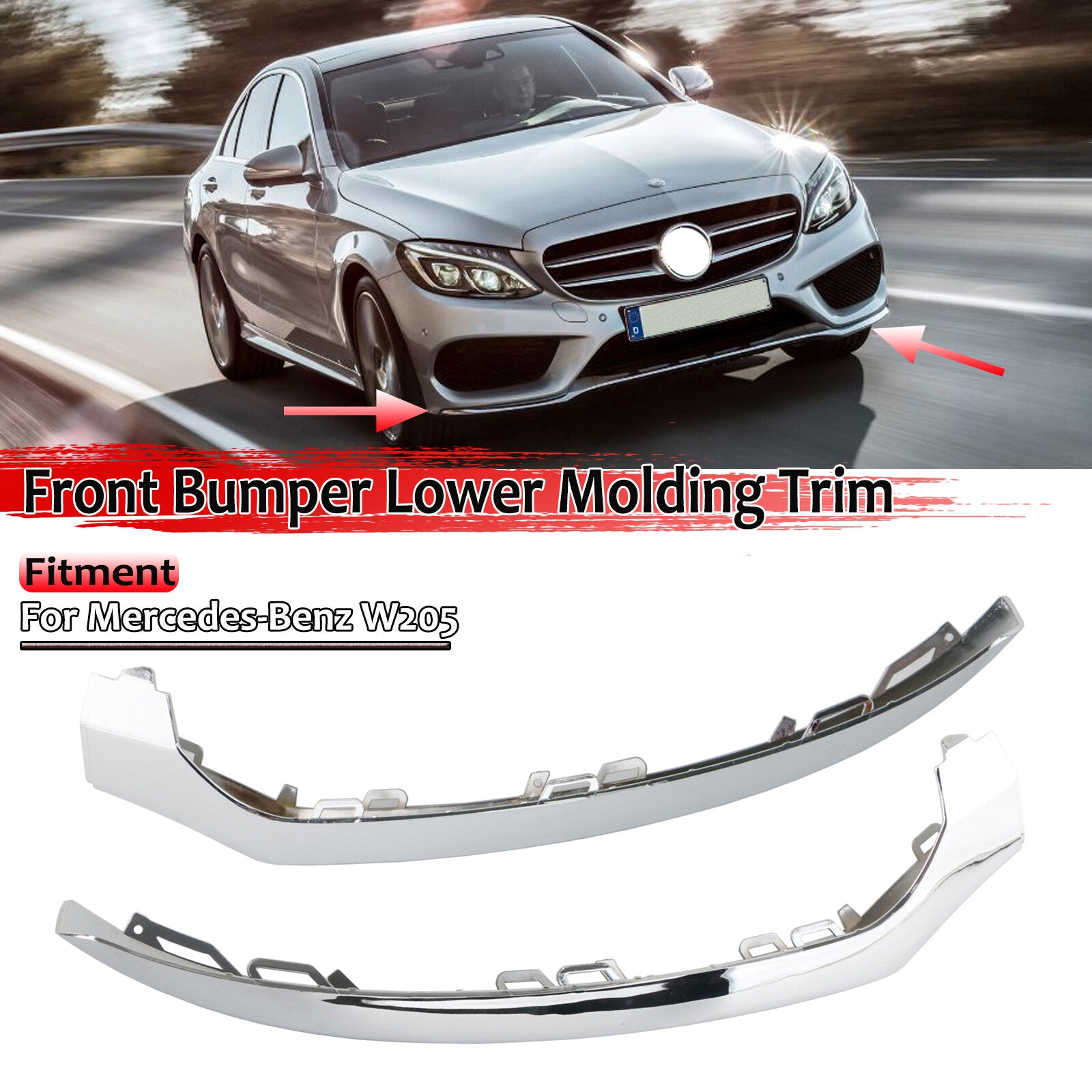 The front dual bumper lower lip trim is suitable for 2015-2018 for Mercedes-Benz W205, C300, and C350 models.