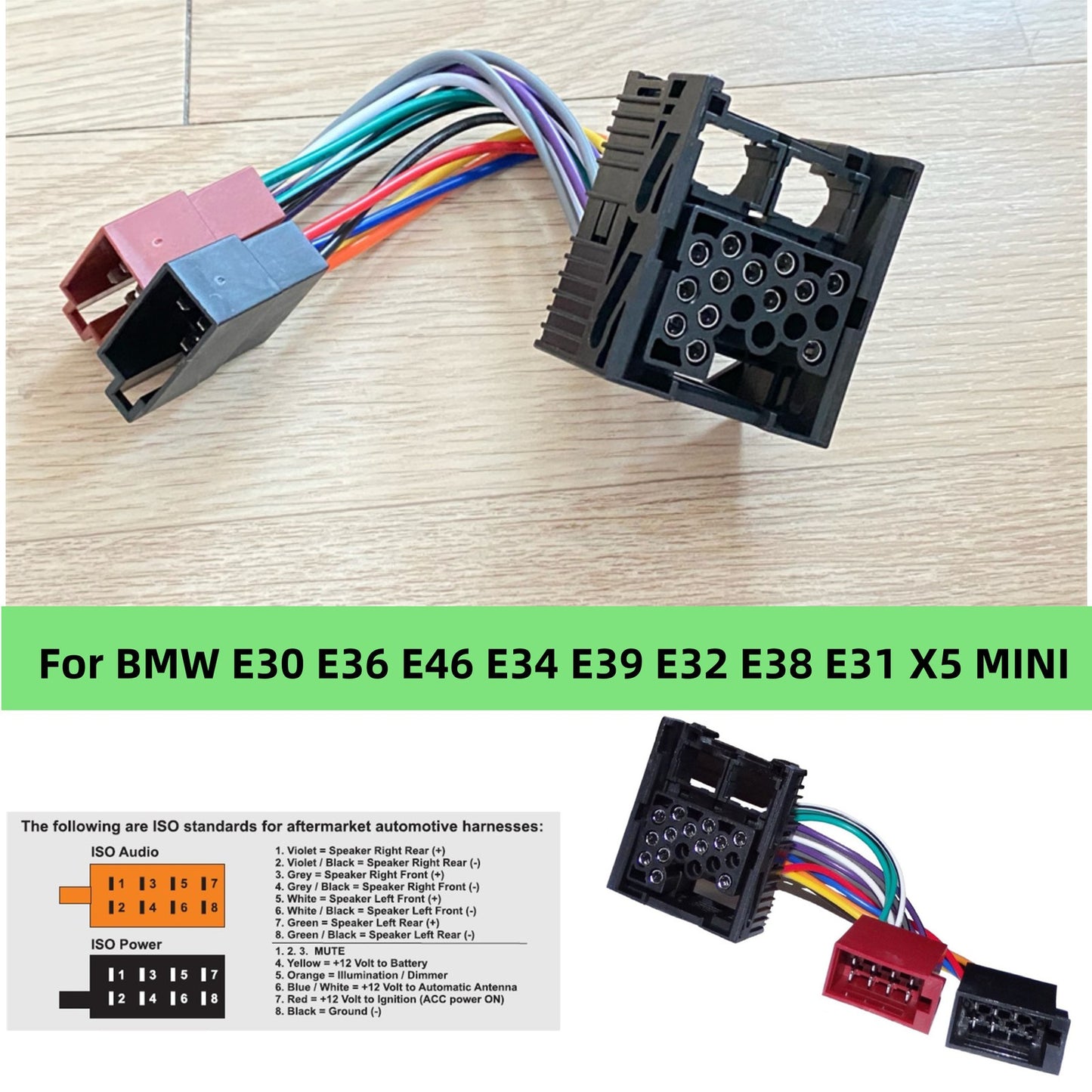 1PC Car Radio ISO Cable Harness Adapter for BMW E34 E36 E39 E46 for X5 18.5cm/7.28in