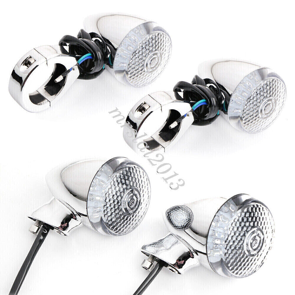 4Pcs Motorcycle Front Rear LED Turn Signal Fork Clamp Light for Harley Chrome Q