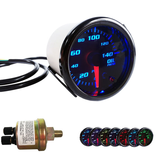 2 52mm 7 Color LED Oil Pressure Gauge Meter W/Sensor 0-140 PSI wire 56cm