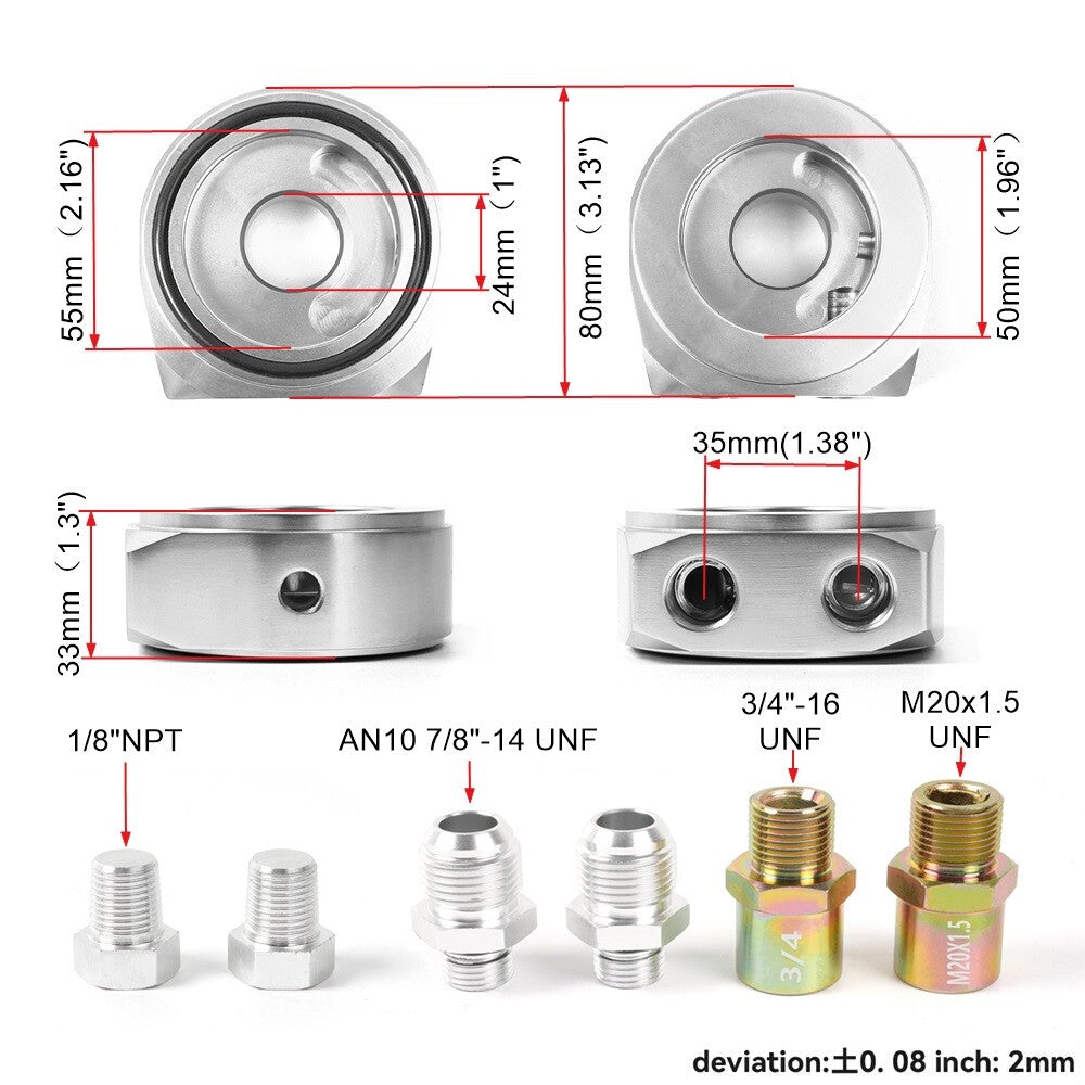 Silver Aluminum Oil Filter/Cooler Sandwich AN10 Block Adapter Gauge Sensor Plate