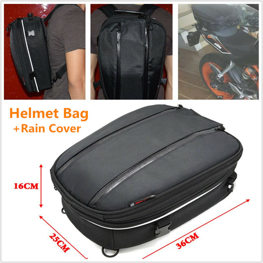 Motorcycle/bicycle helmet bag, tail for seat backrest saddle bag, backpack + rain cover n