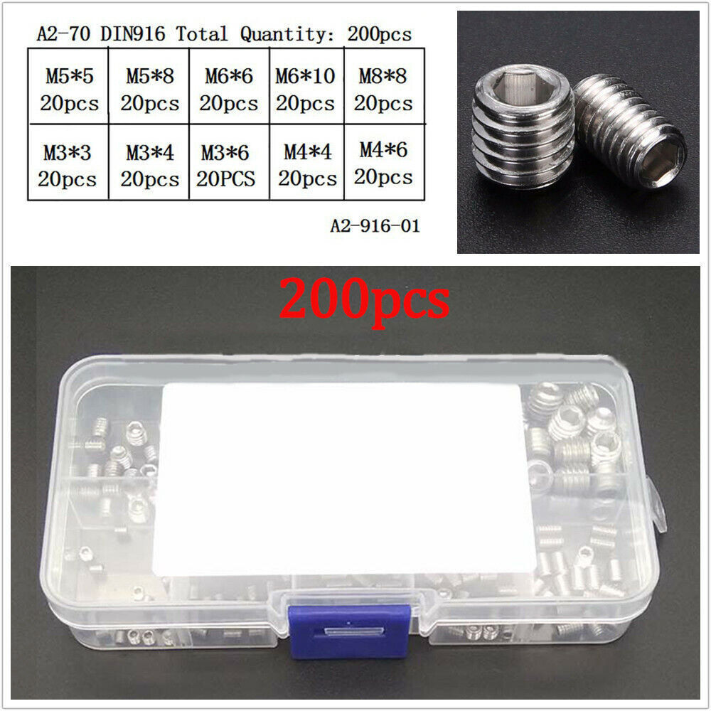 Stainless steel socket hexagonal head set with Grub screws, M4-M6 grade, box included. n