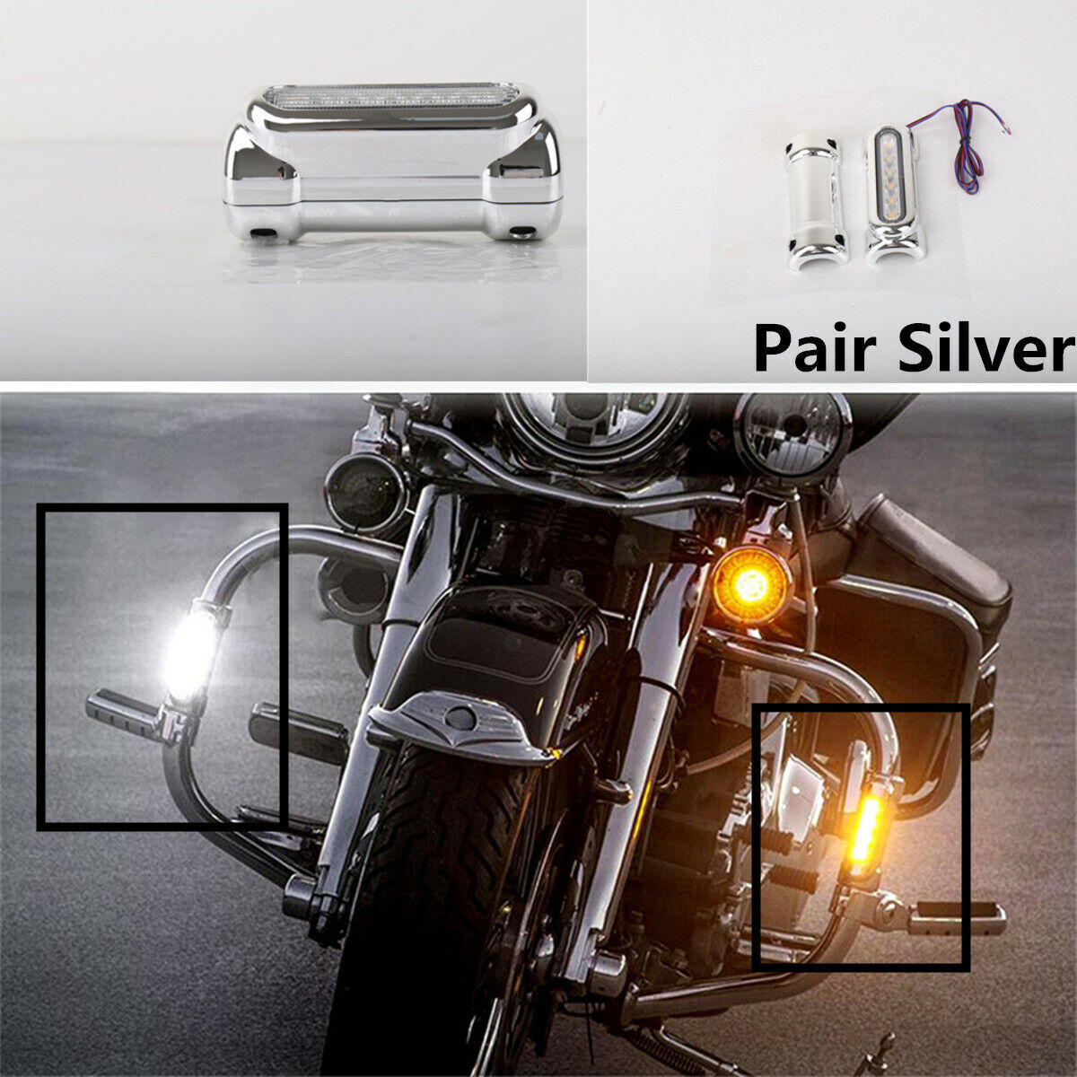 2-Piece Chrome Motorcycle Highway Barrier Switch with LED Driving Lights for Collision Bars n