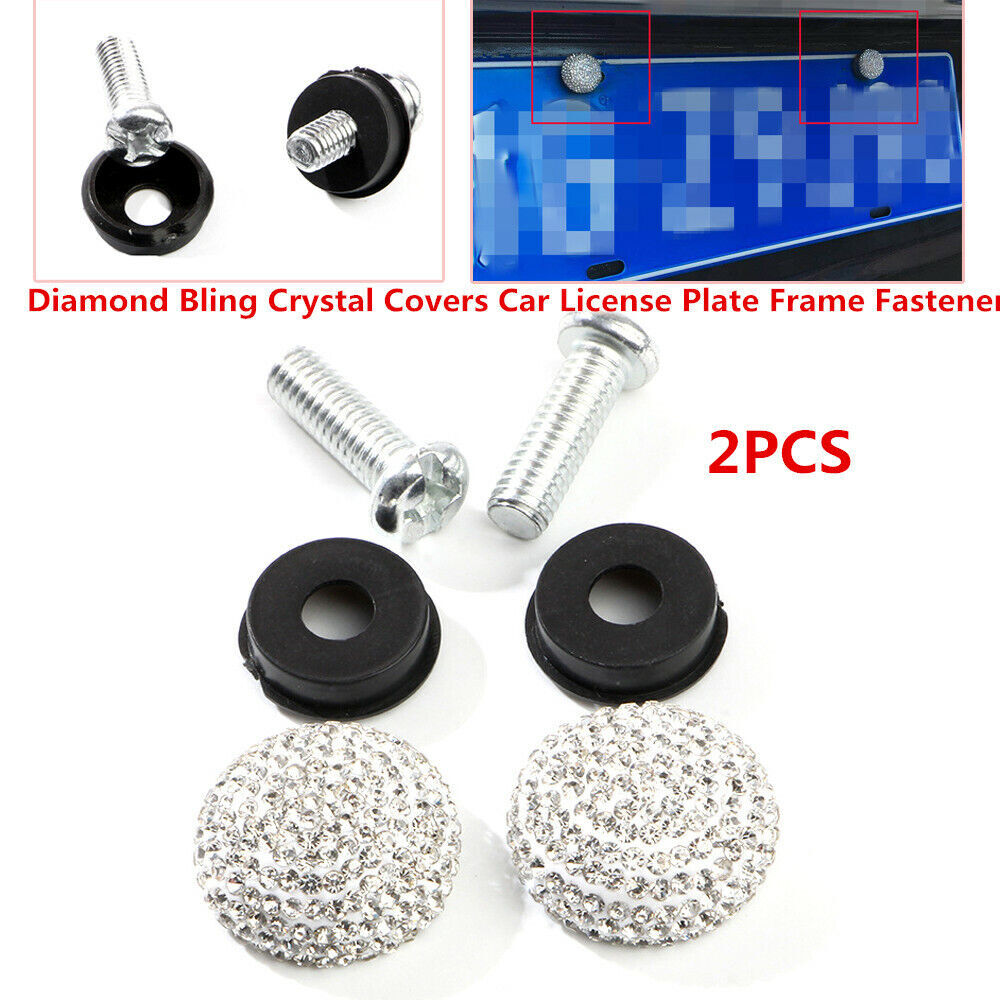 2-Piece Diamond Crystal Cover Car Front Screw Bolt Cover License Plate Frame Fastener - n