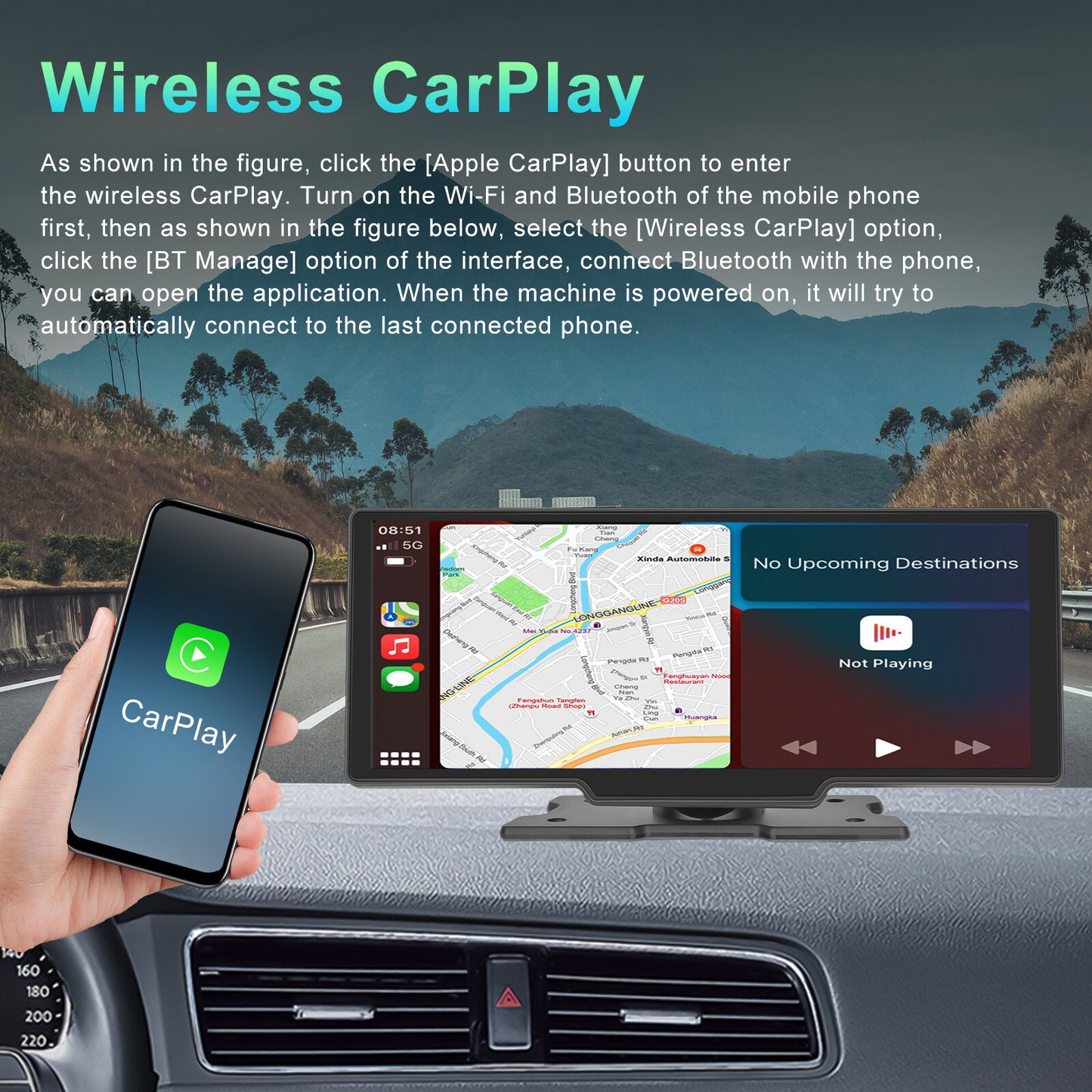 1080P-HD Car DVR Dash Cam Video Recorder Wireless Carplay Android Bluetooth New n