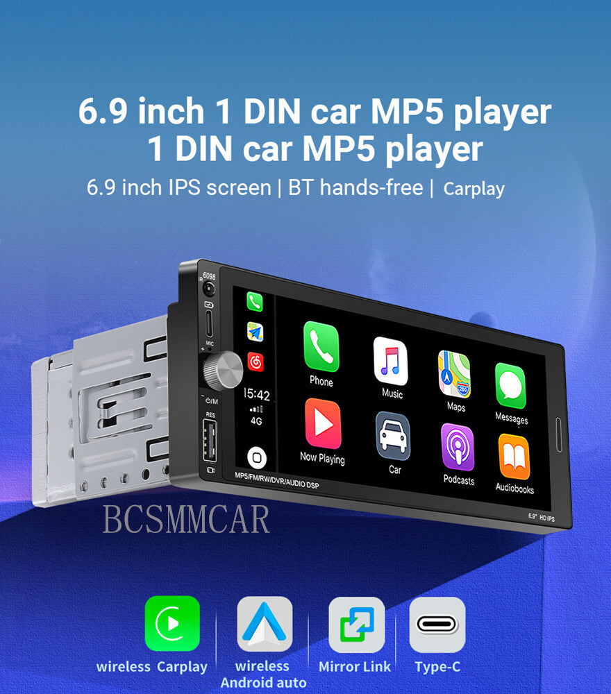 6.9in 1Din Touchscreen Car Stereo Radio MP5 Player Bluetooth USB FM Video Cam