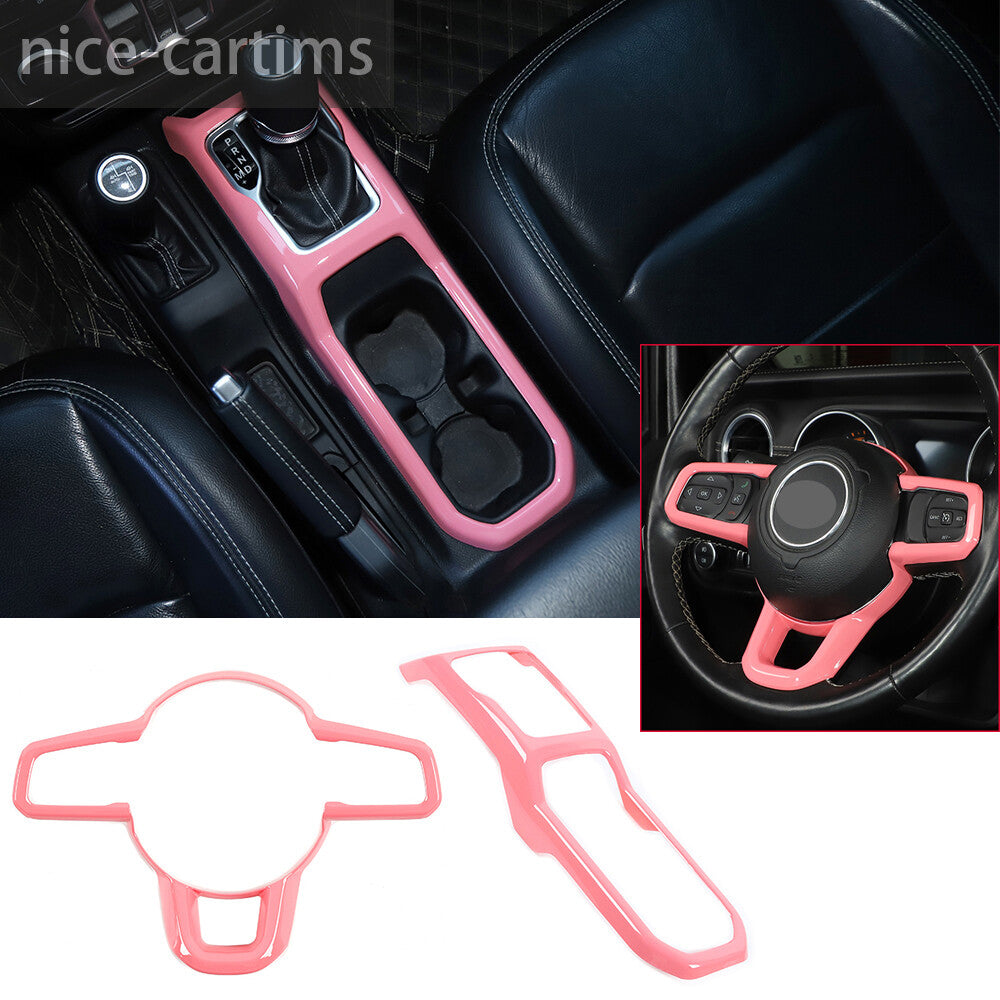 for Jeep for Wrangler JL JT 2018+ABS Pink Cup Holder Gear Shift Steering Wheel Trim