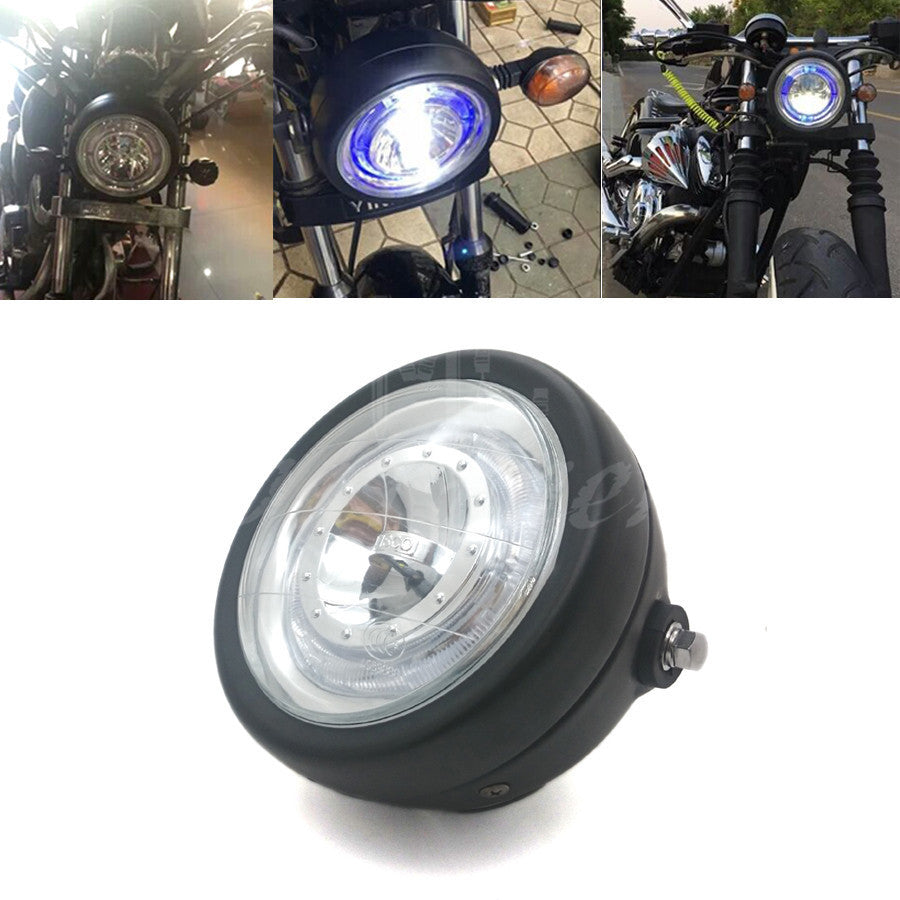 Black Metal LED Headlight Blue Angel Eye For CG/GN125 CB200 Chopper Bobber Café Q