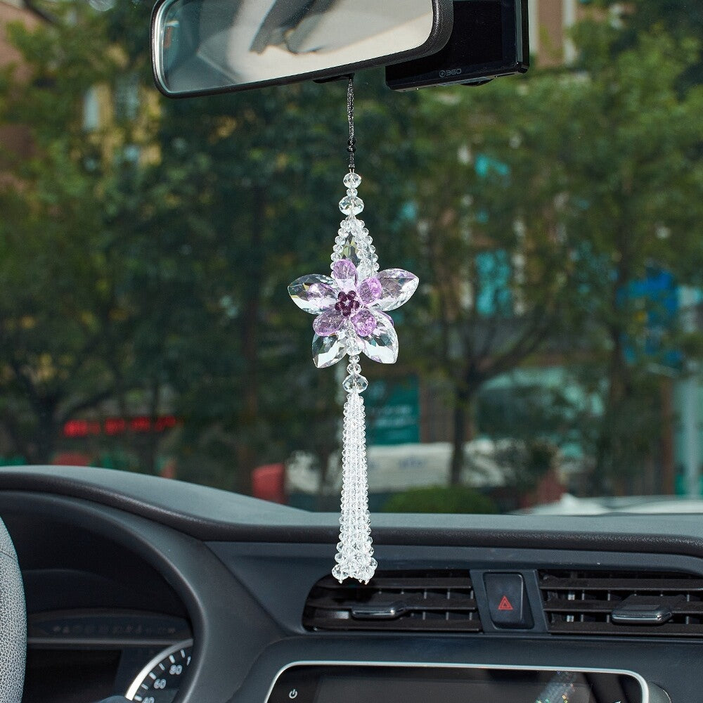 Flower Car Rear View Mirror Pendant Car Crystal Interior Hanging Deco Purple