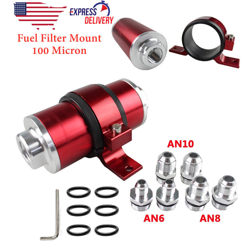 High-flow Billlet aluminum fuel filter, 100 micron element, AN6/8/10, adapter + bracket
