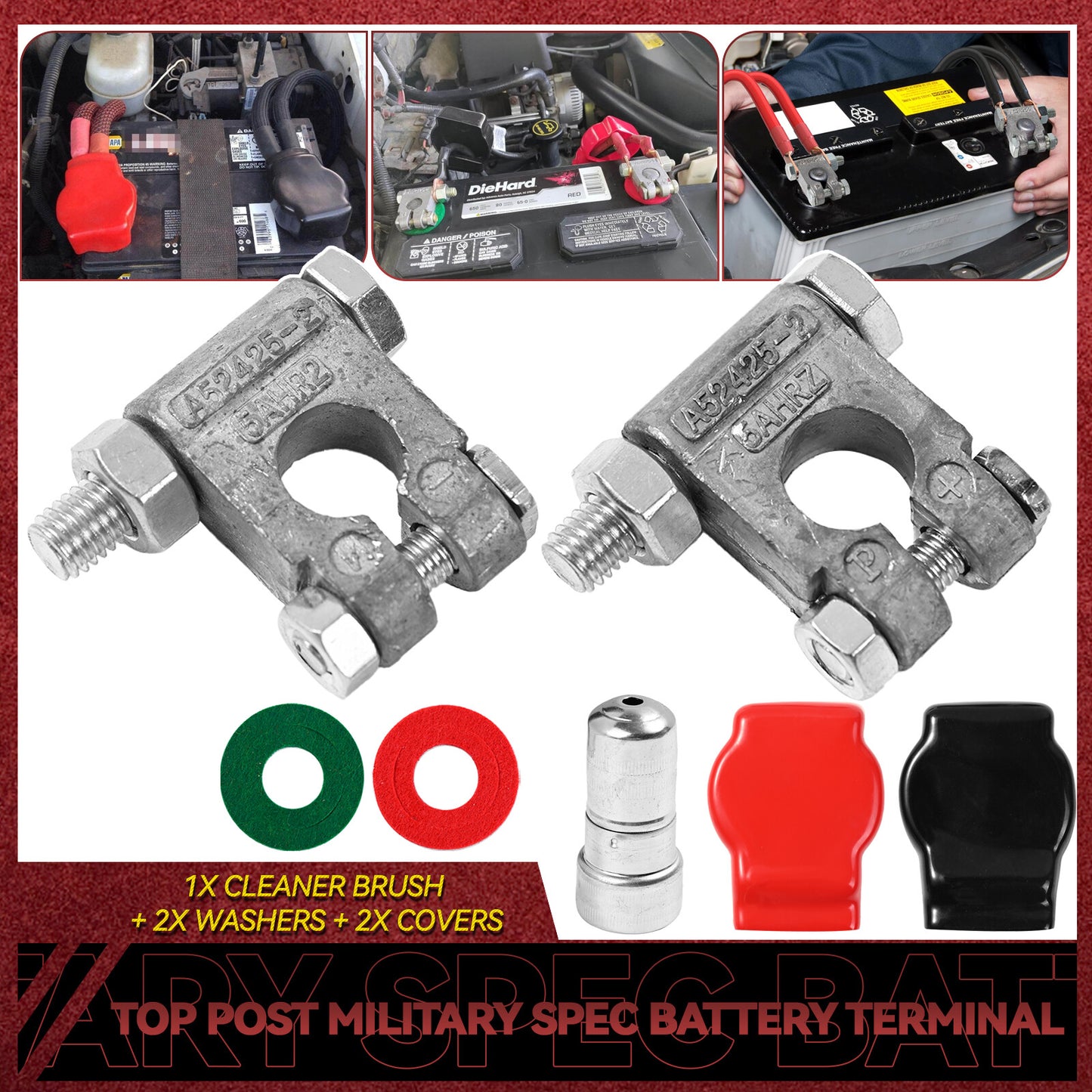 Military Spec Battery Terminal Top Post Kit Car Auto Trunk RV Marine Boat Brush Q