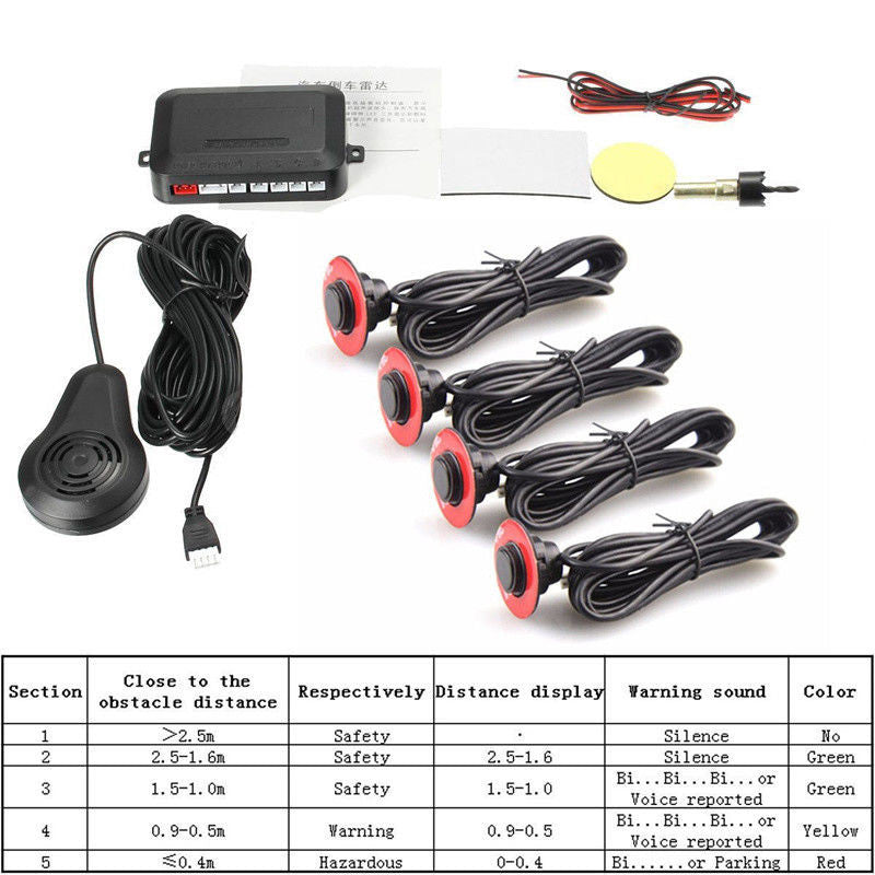 Parking with 4 hidden sensors, 13mm reverse backup, rear radar, sound buzzer, and alarm. n