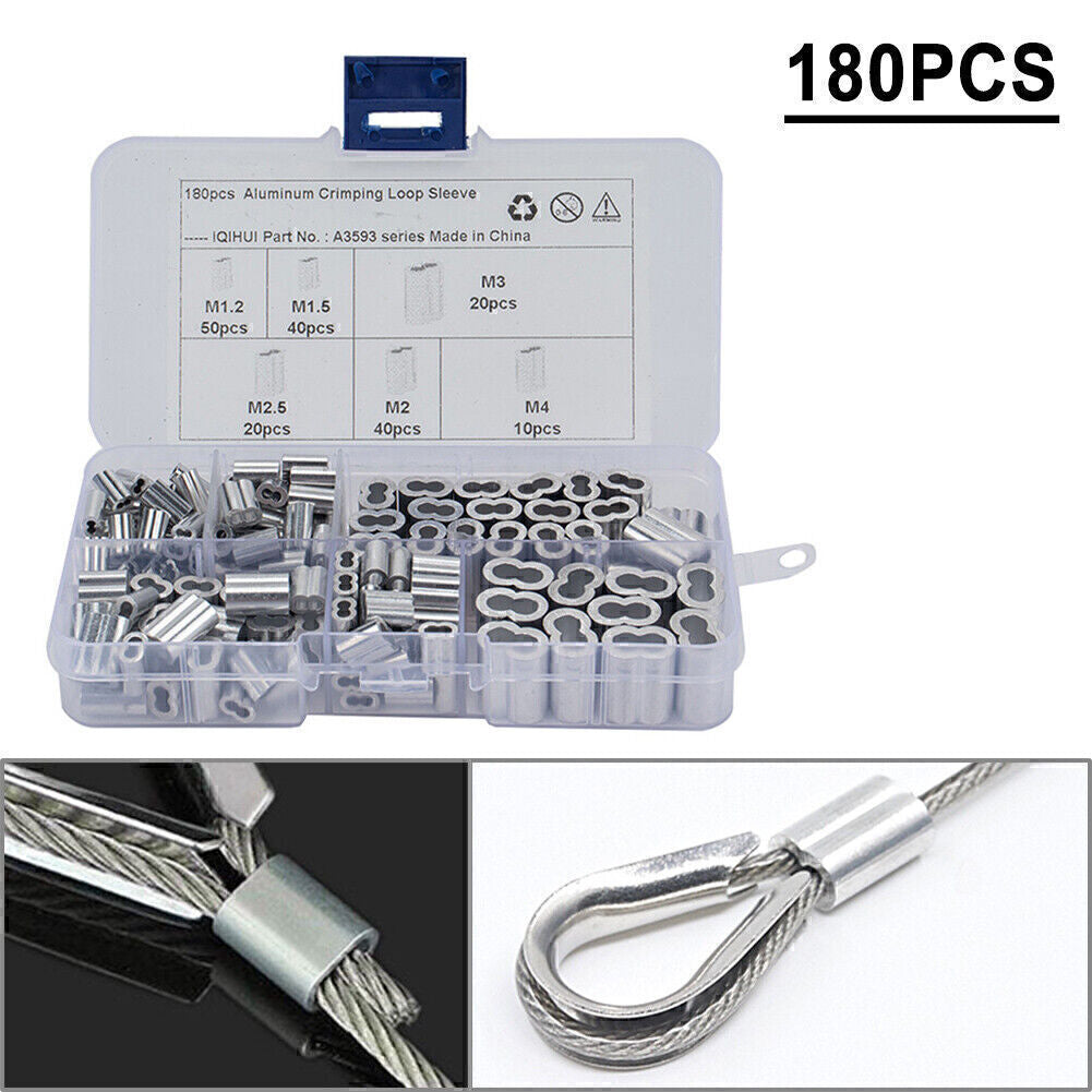 180x 6Size Aluminum Wire Rope Cable Ferrule Crimping Swage Sleeve Silver Tone