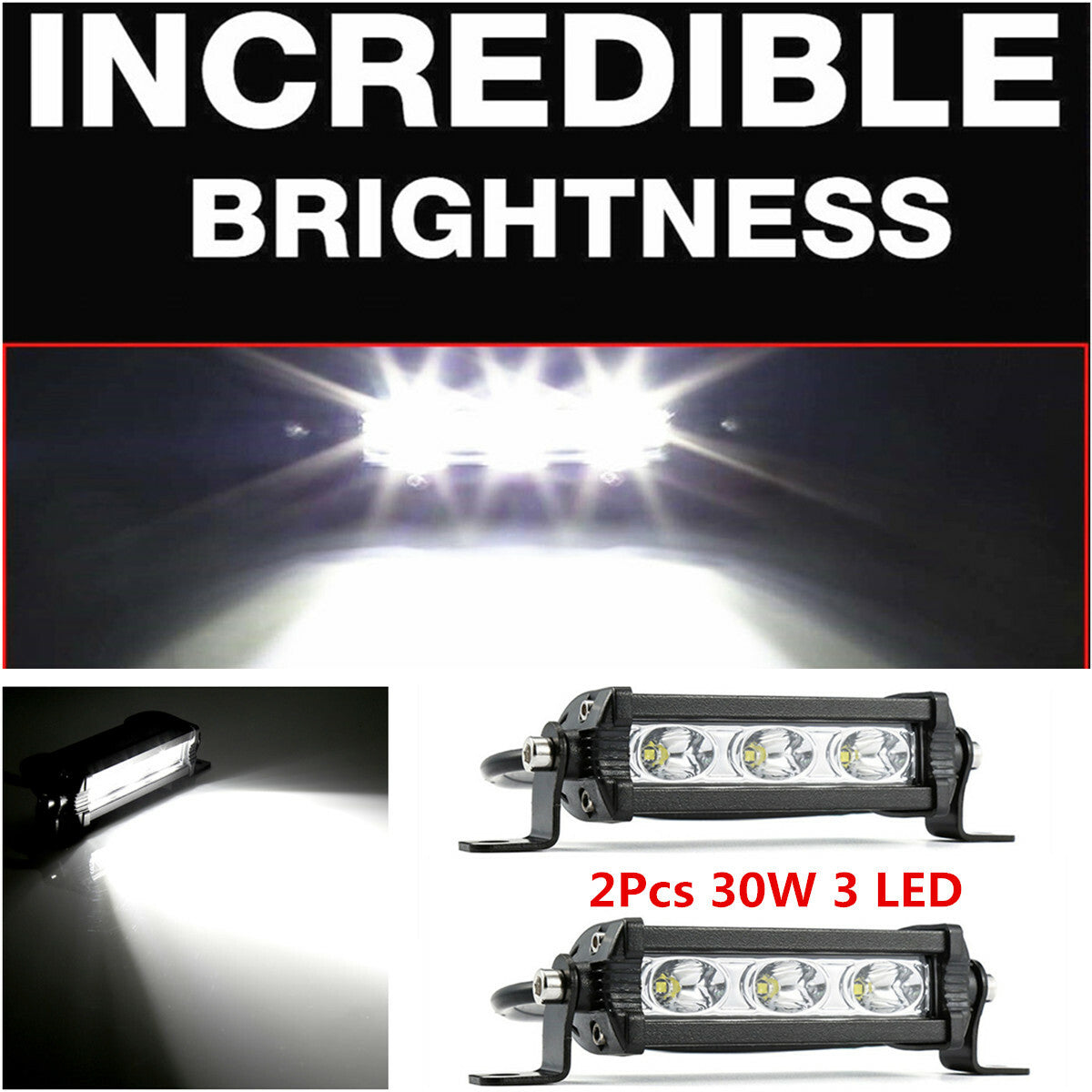 2Pcs 30W 3 LED Spot Beam Work Light Bar Car Truck Offroad Boat Driving Fog Lamp Q