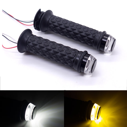 7/8 22mm Black Motorcycle Handlebar Hand Grip With LED Plug Strobe Side Light Q