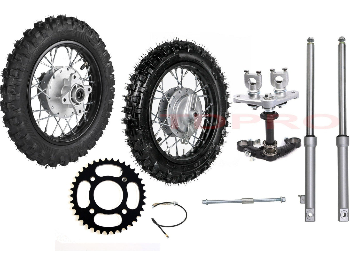 CRF50 front and rear wheels 2.5-10 tires, rims, drum brake kit, front fork, Dirt Pit bicycle