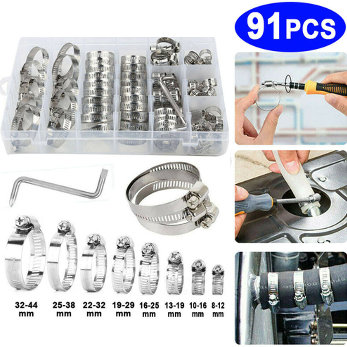 91pcs Stainless Steel Hose Clamps Clips Range Worm Gear Pipe Clamp Kit