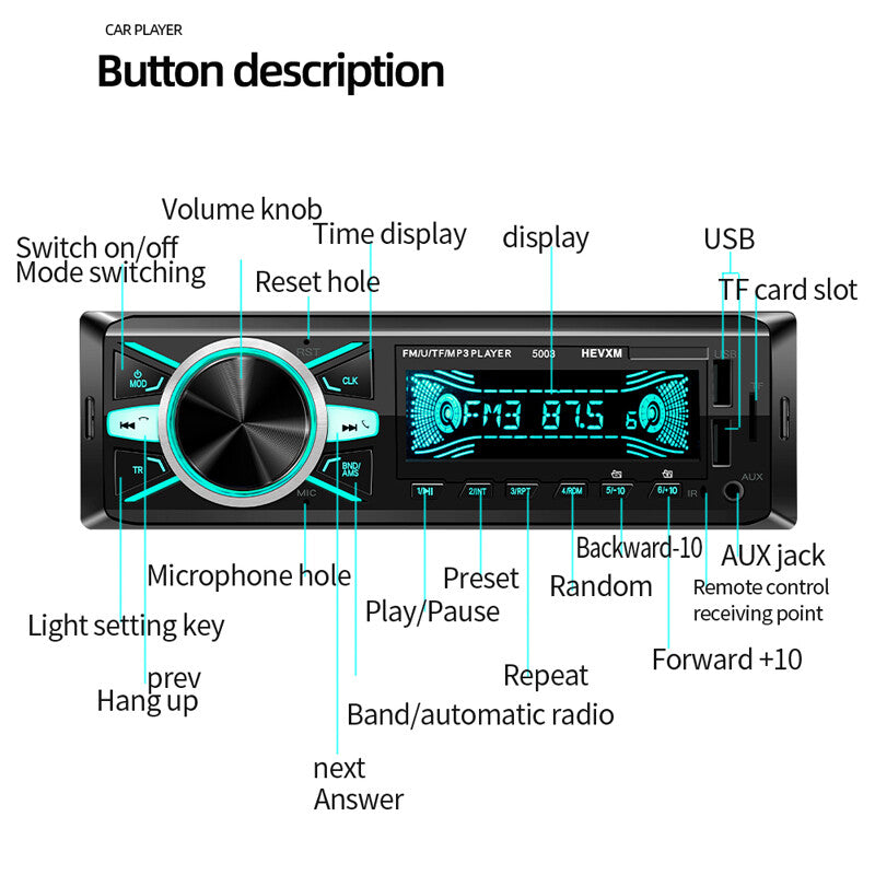 4-channel digital single-DIN car stereo radio with Bluetooth audio SD/FM/WMA/MP3/WAV n