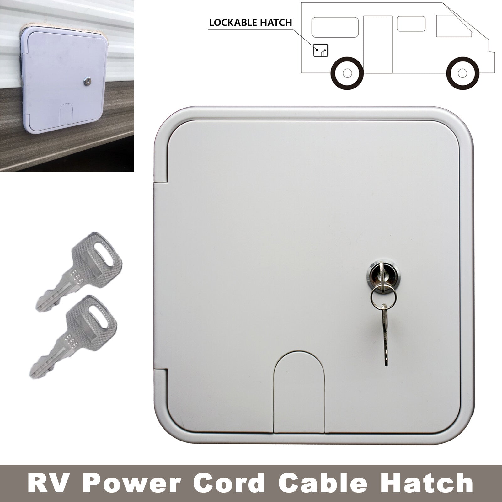 RV White Electric Power Cord Cable Hatch Compartment Lockable w/ 2 Keys Q