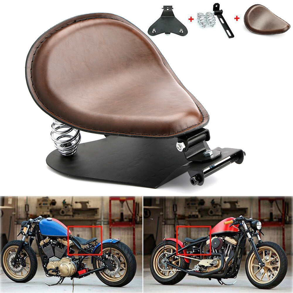 PU leather single for seat + 3-inch spring stand base kit, brown, for Harley Bobber Chopper.