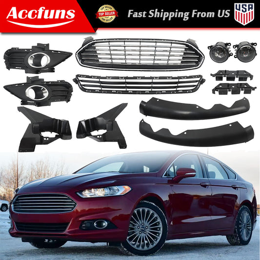 12-Piece Upper Grill and Lower Grille Package Fog Light Kit for 2013-2016 Fusion n