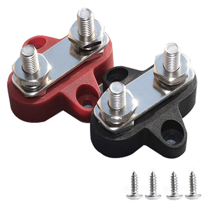 2-pack of dual 1/4-inch M6 stud battery terminal blocks, red and black. n